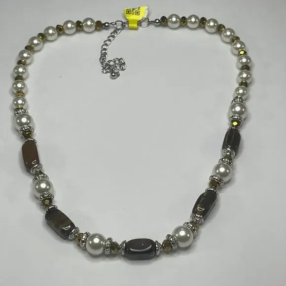 necklace Faux pearl and tiger's eye beaded costume jewelry natural neutral - Picture 9 of 11